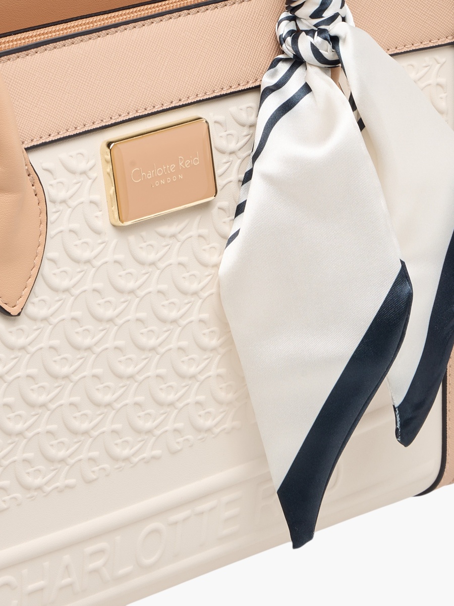 Monogram Embossed Tote Bag with Detachable Strap and Zip Closure