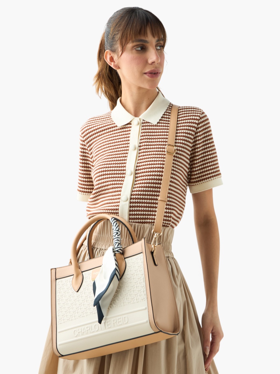 Monogram Embossed Tote Bag with Detachable Strap and Zip Closure