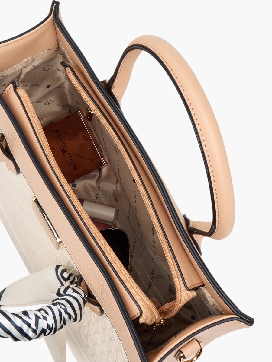 Monogram Embossed Tote Bag with Detachable Strap and Zip Closure