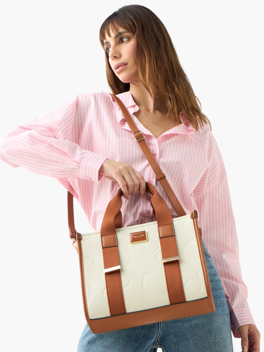 Embossed Tote Bag with Detachable Strap and Zip Closure