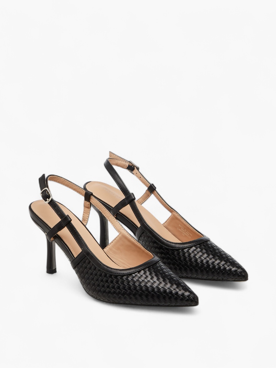 Textured Pointed Toe Shoes with Flared Heel and Buckle Closure