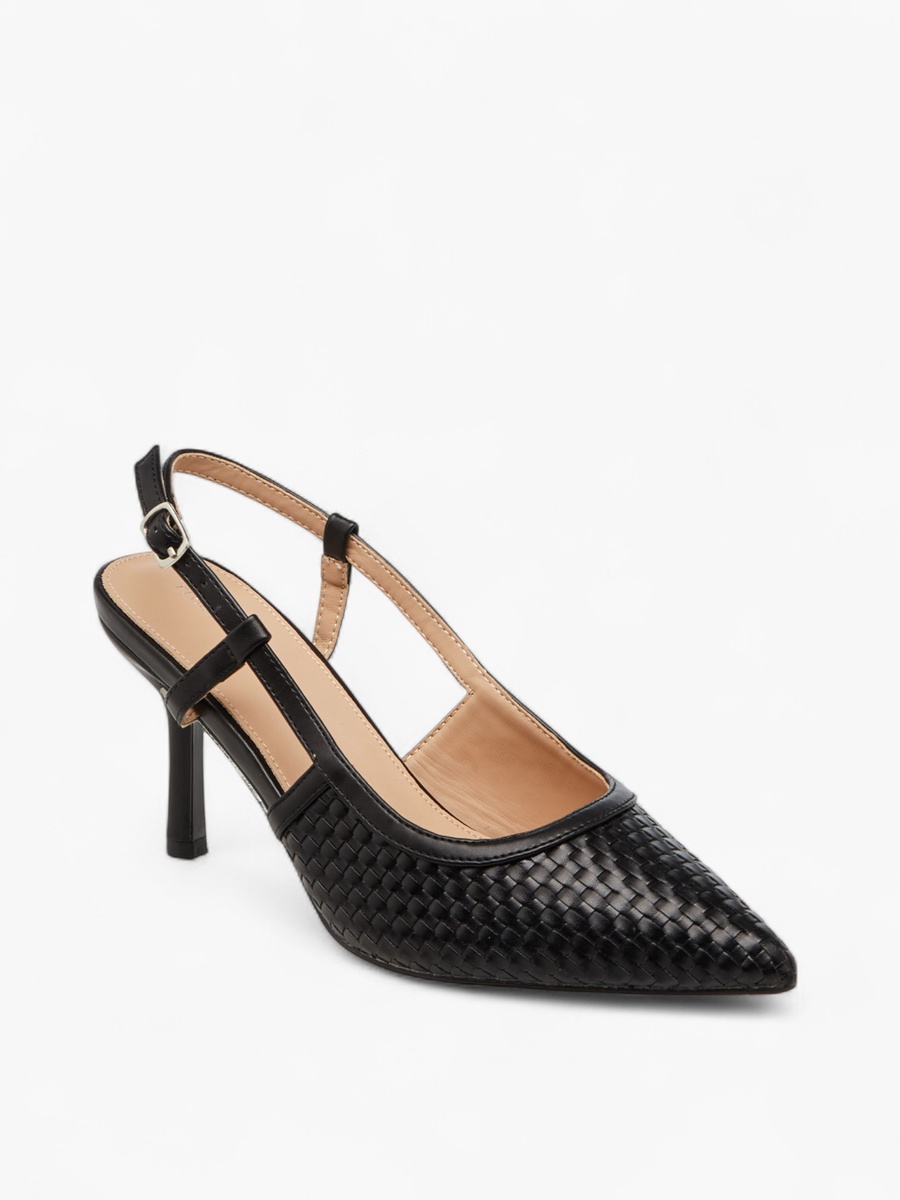 Textured Pointed Toe Shoes with Flared Heel and Buckle Closure