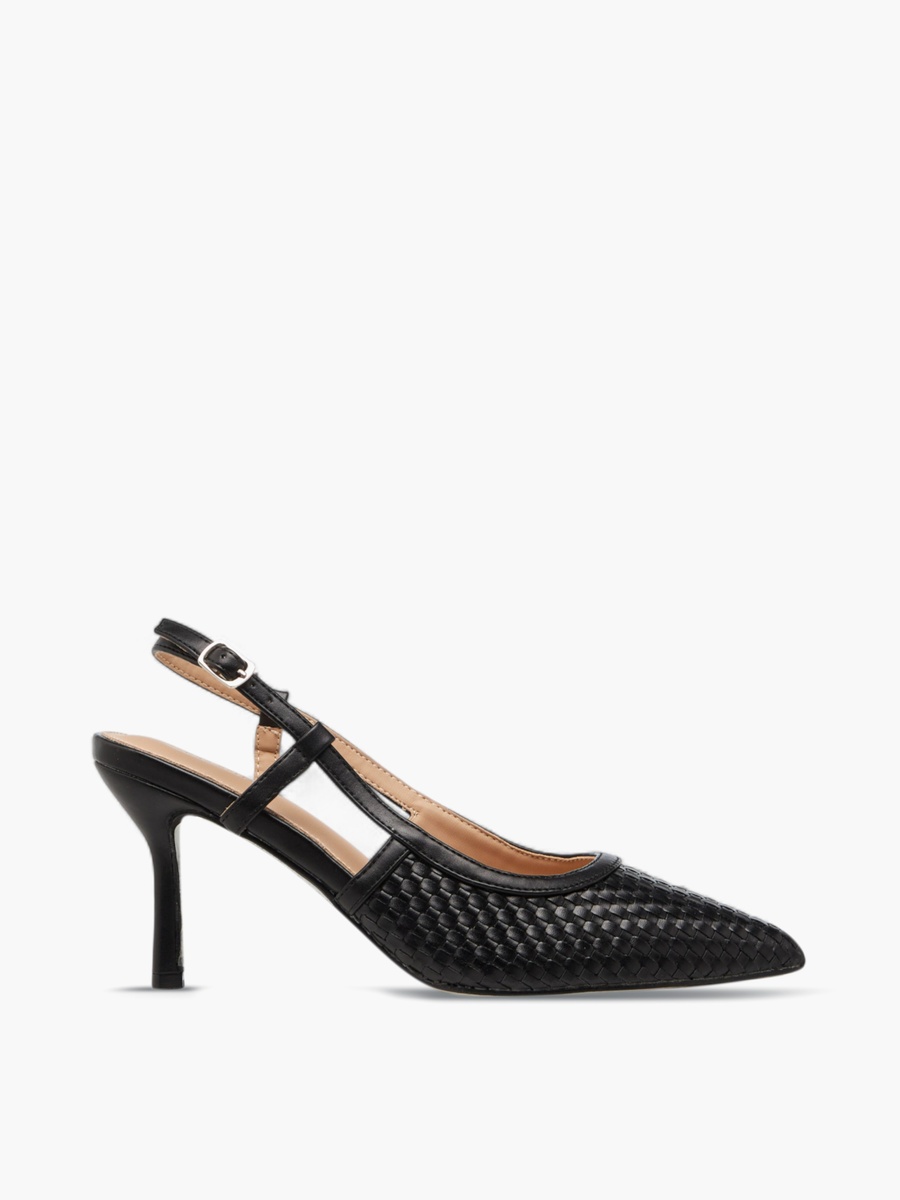 Textured Pointed Toe Shoes with Flared Heel and Buckle Closure