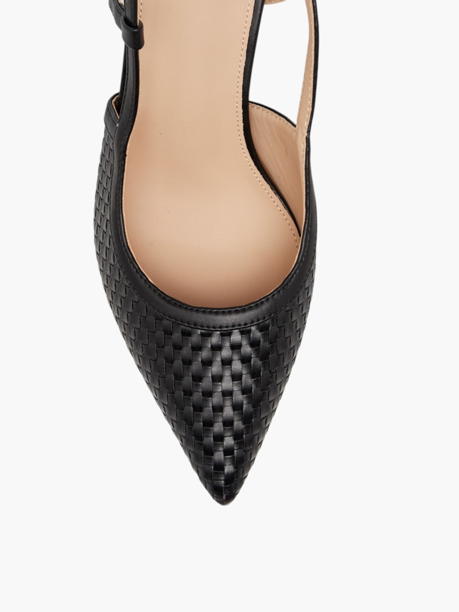 Textured Pointed Toe Shoes with Flared Heel and Buckle Closure