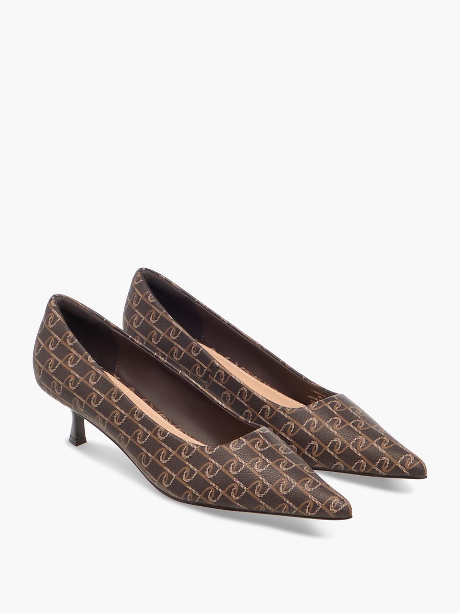 Monogram Print Pointed Toe Slip-On Shoes with Kitten Heels