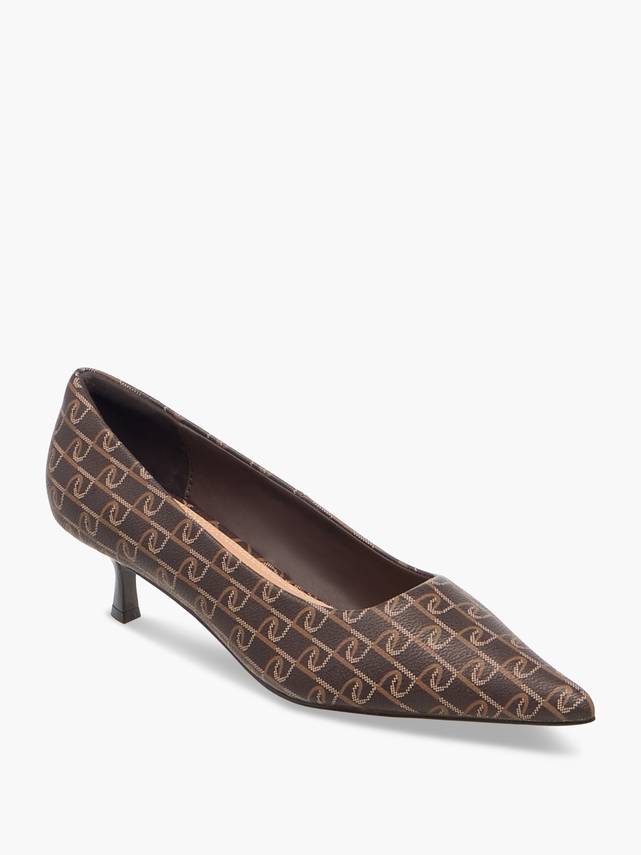 Monogram Print Pointed Toe Slip-On Shoes with Kitten Heels