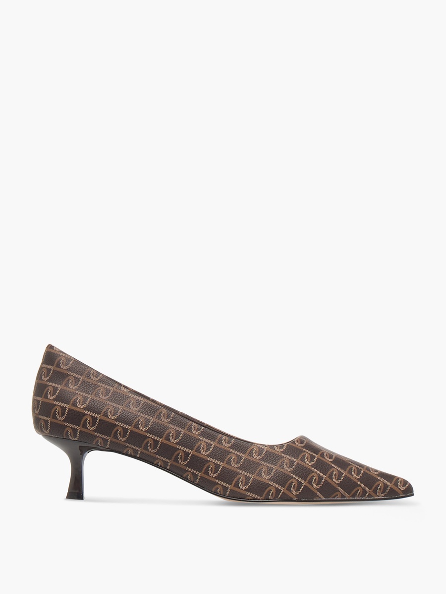 Monogram Print Pointed Toe Slip-On Shoes with Kitten Heels