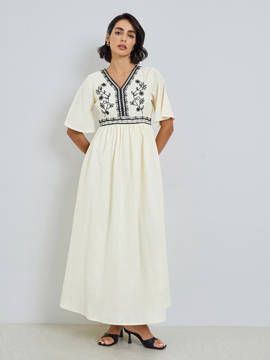Women Cream Embroidered A-Line Maxi Dress For Women at UAE | Styli Women Cream Embroidered A-Line Maxi Dress For Women at UAE | Styli