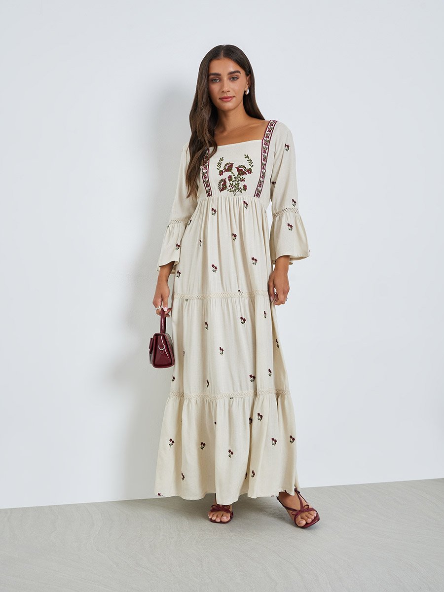 Cream Embroidered Tiered Maxi Dress For Women at Oman | Styli Cream Embroidered Tiered Maxi Dress For Women at Oman | Styli