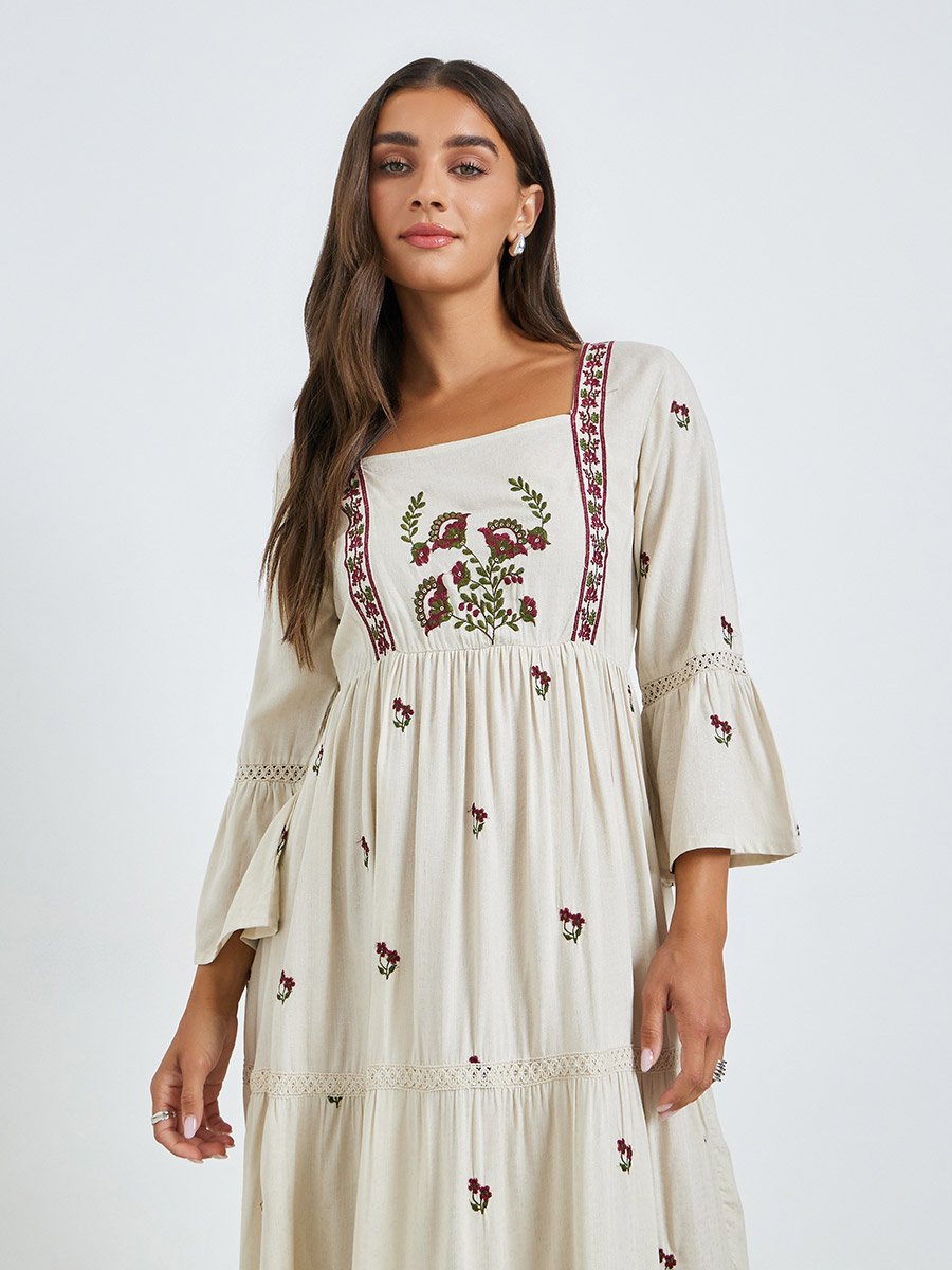 Cream Embroidered Tiered Maxi Dress