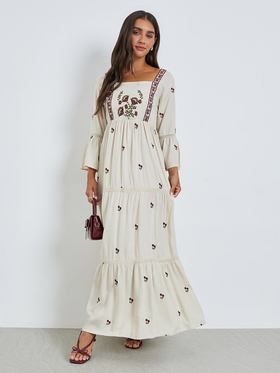 Cream Embroidered Tiered Maxi Dress