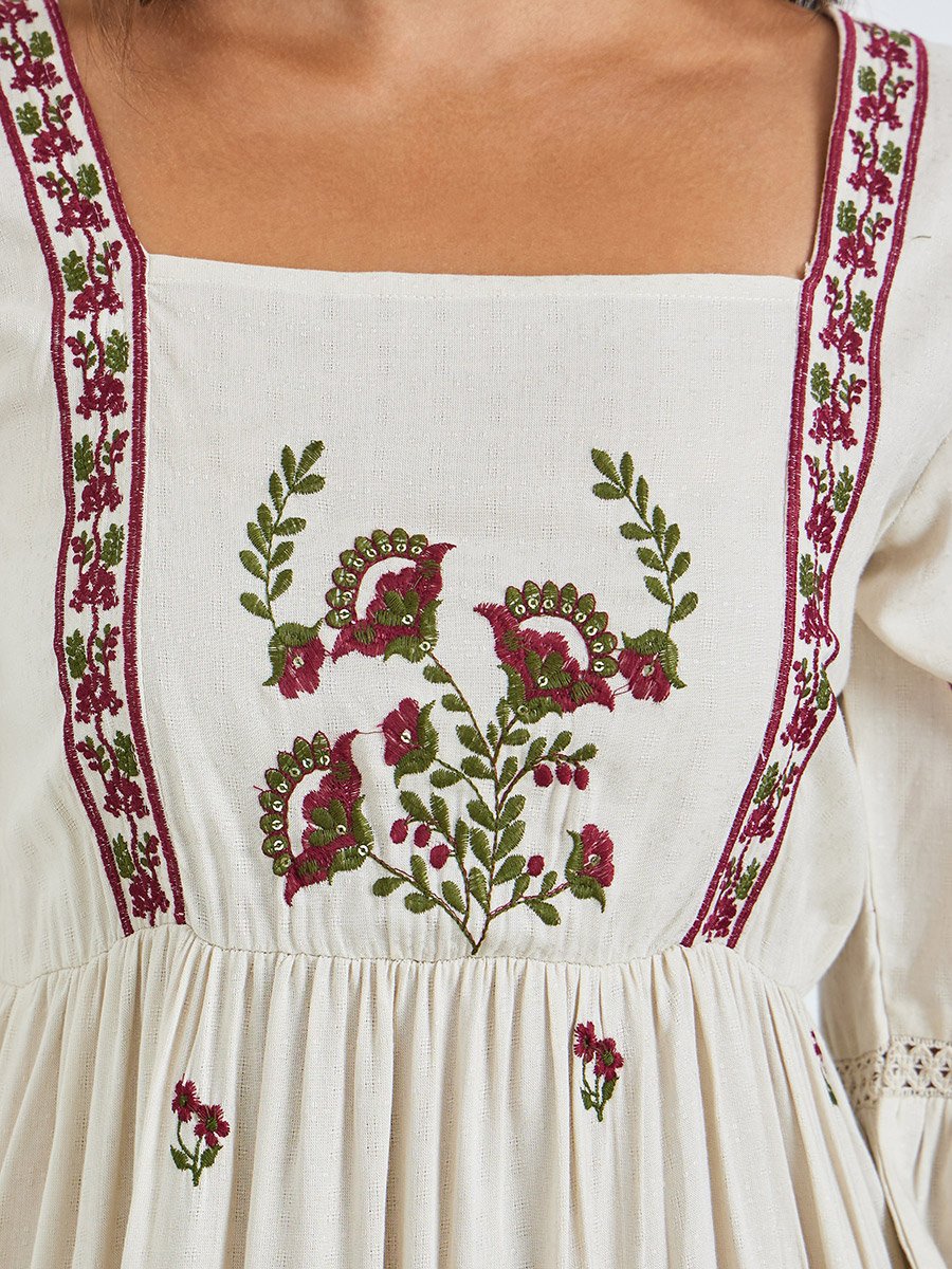 Cream Embroidered Tiered Maxi Dress
