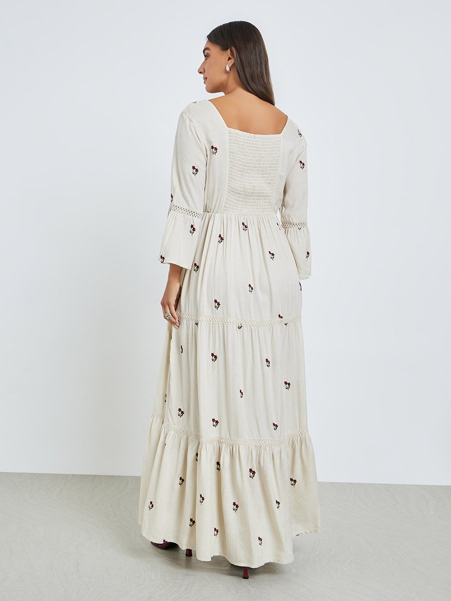 Cream Embroidered Tiered Maxi Dress