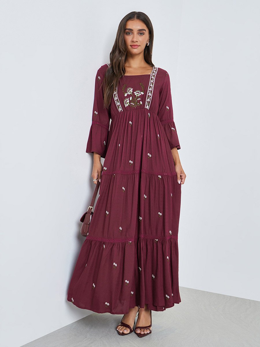 Magenta Embroidered Tiered Maxi Dress