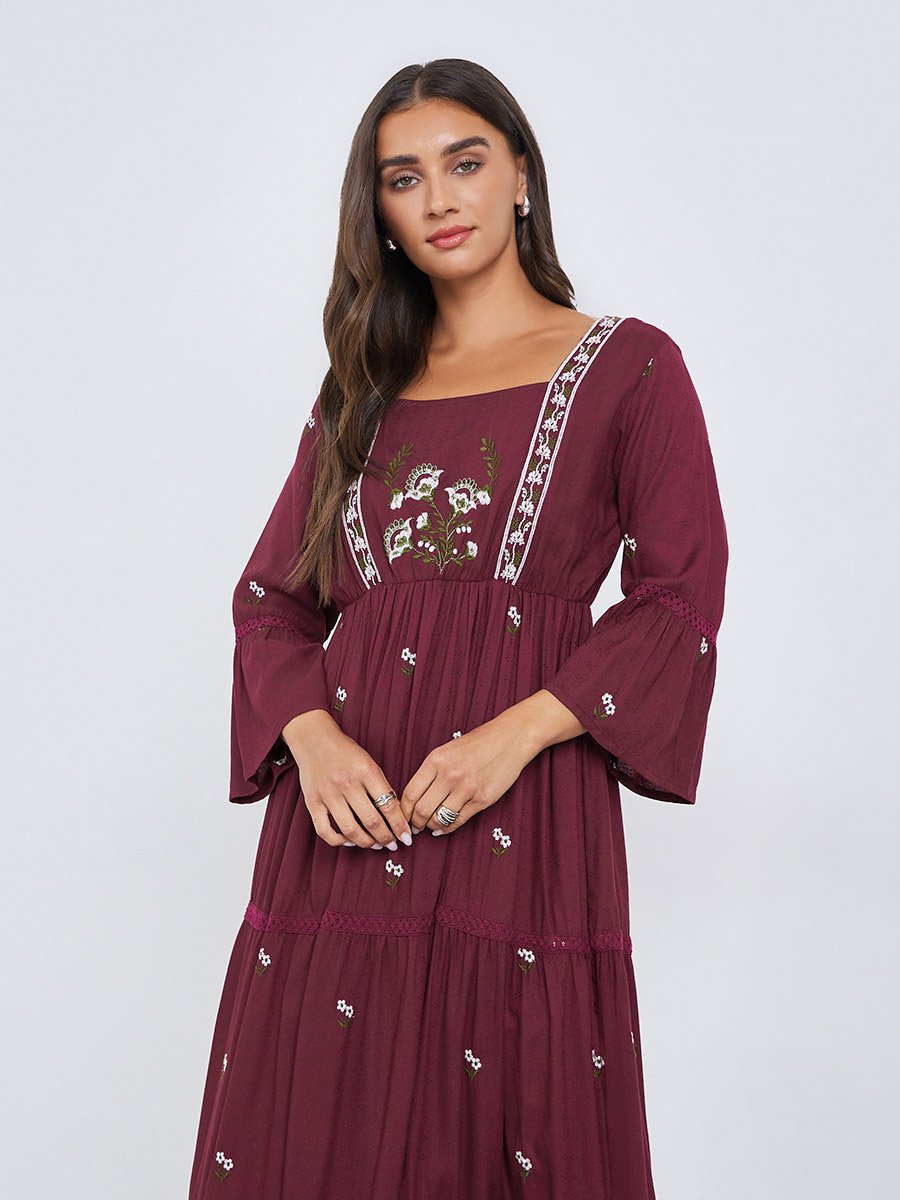 Magenta Embroidered Tiered Maxi Dress