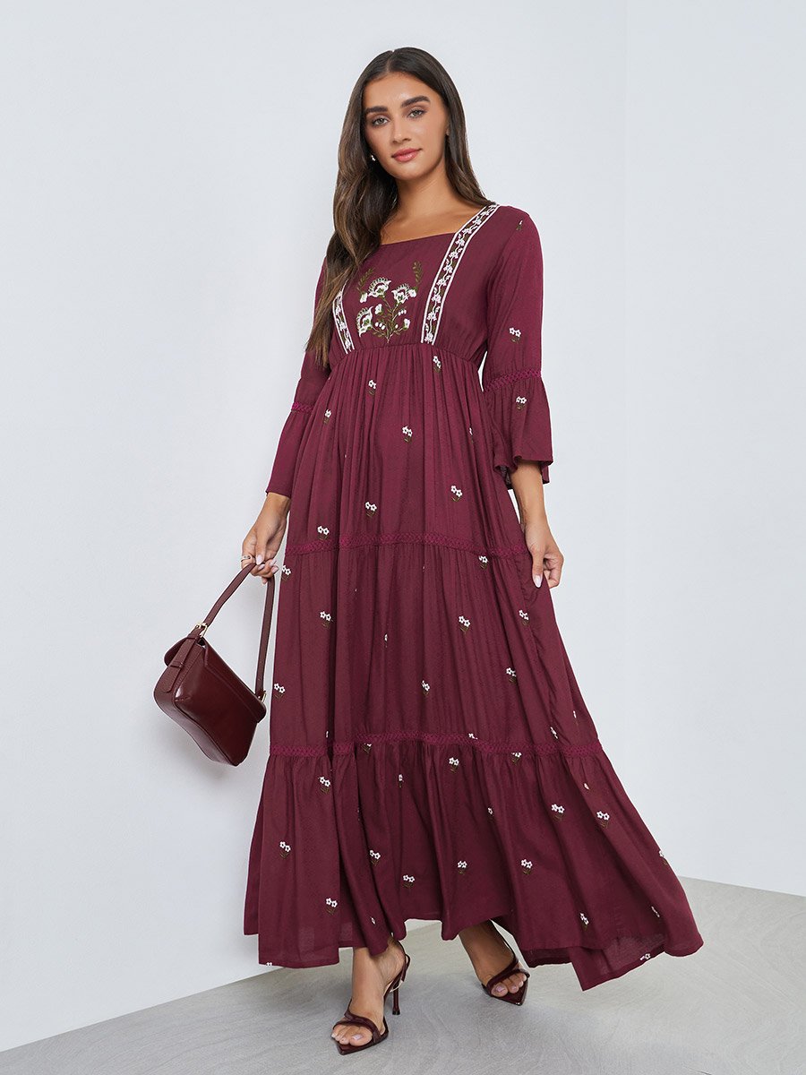 Magenta Embroidered Tiered Maxi Dress