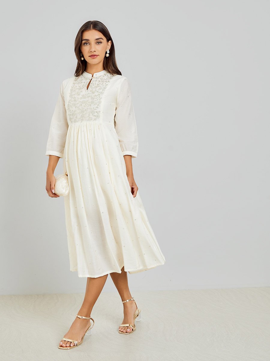 embroidered yoke midi dress Embroidered Yoke Midi Thin Strap Dress- Blue  VEAEVA