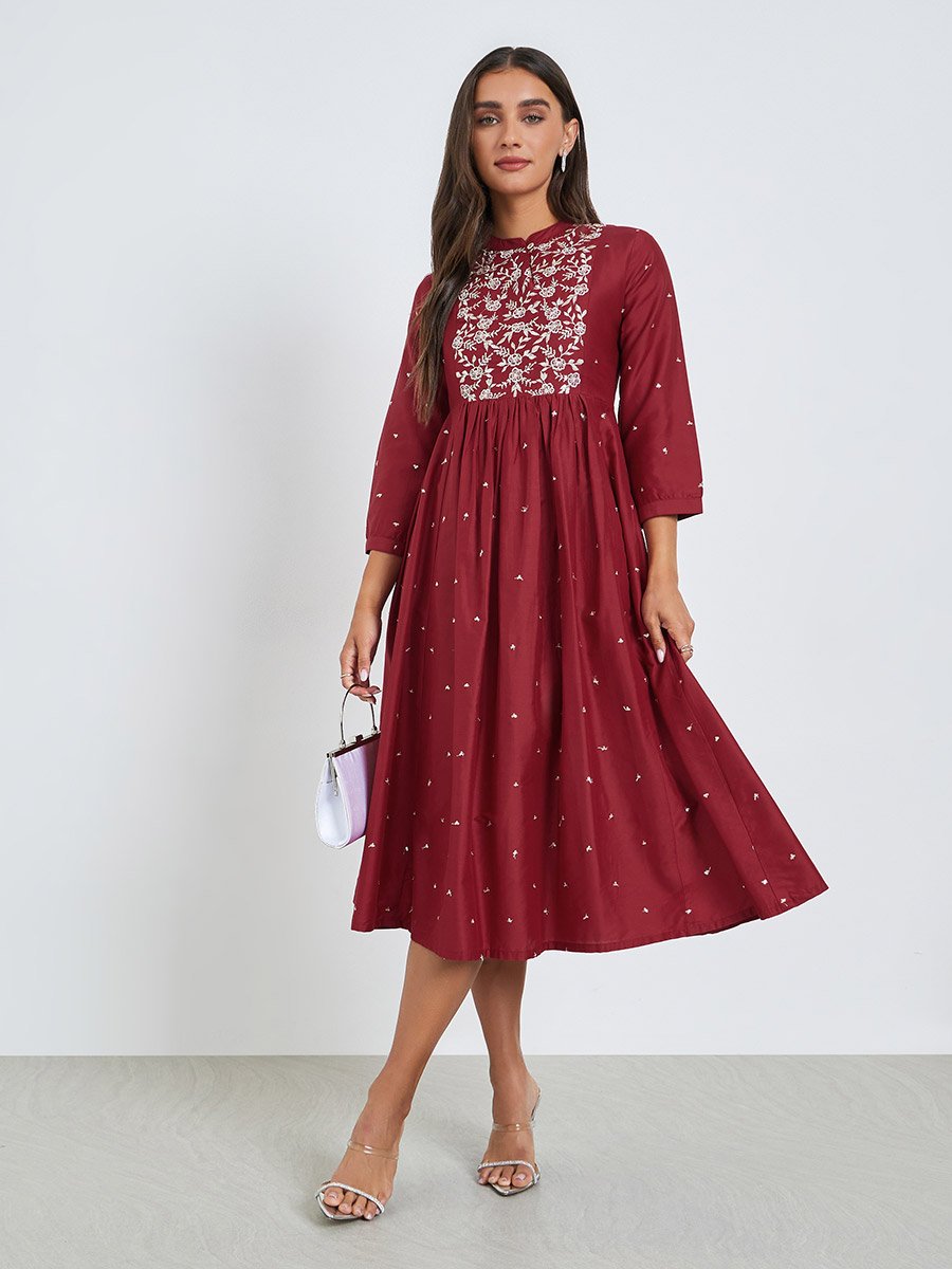 Maroon Embroidered Yoke A-Line Midi Dress For Women at Bahrain | Styli Maroon Embroidered Yoke A-Line Midi Dress For Women at Bahrain | Styli
