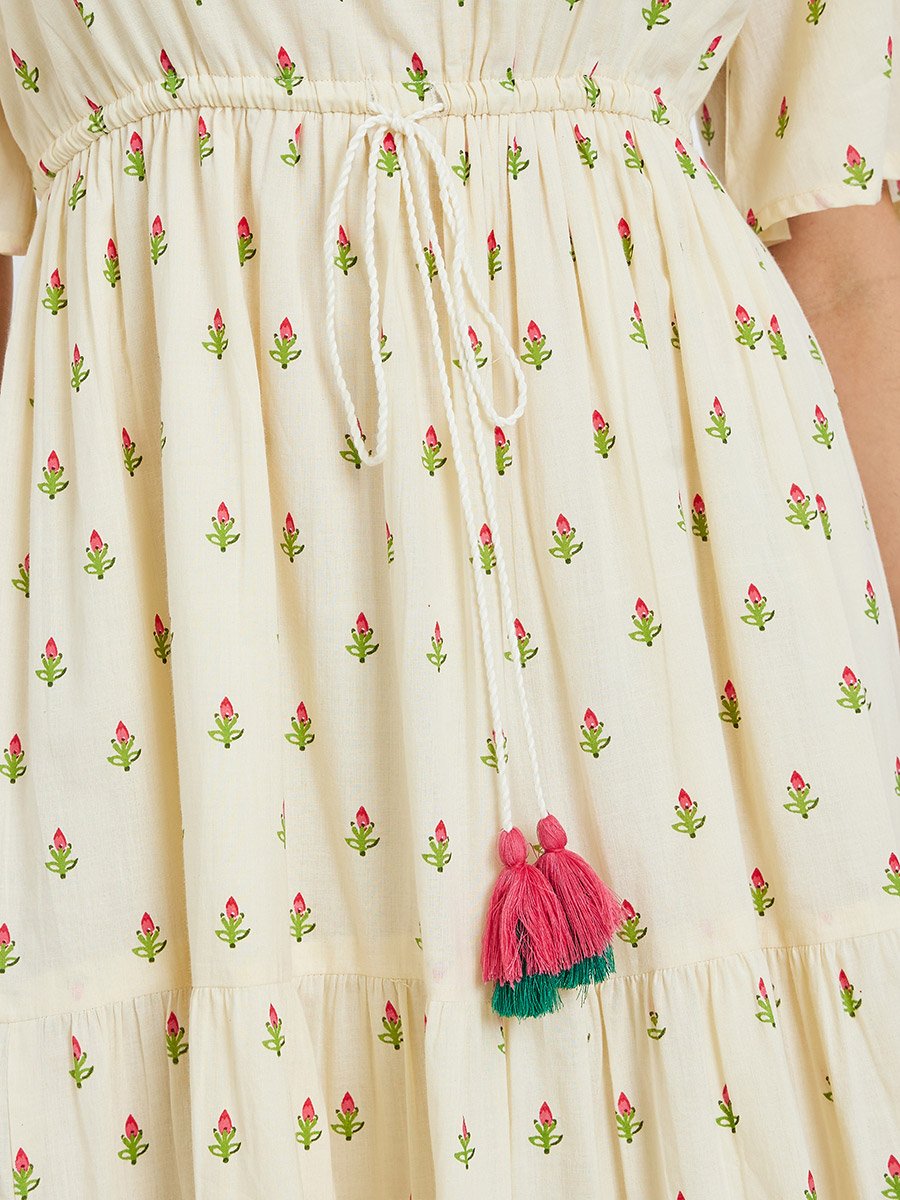 Women Cream Floral Printed A-Line Maxi Dress