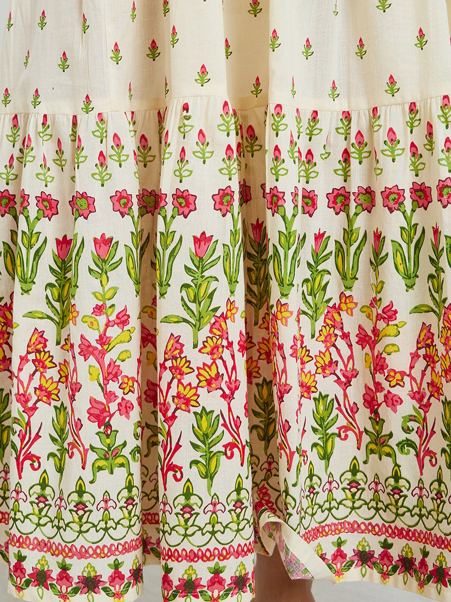 Women Cream Floral Printed A-Line Maxi Dress