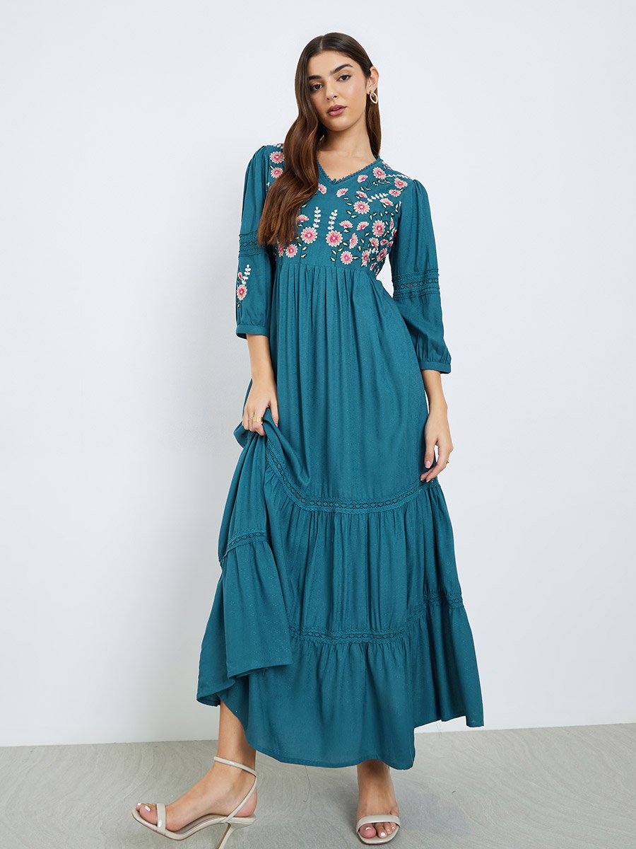 sachin and babi light blue dress Cotton Embroidered Tiered Maxi Dress