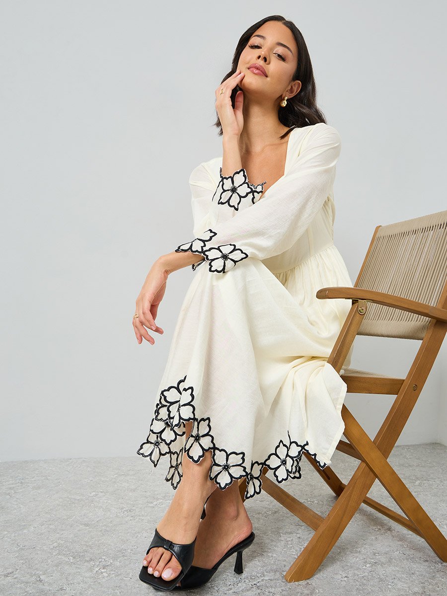 Cream Floral Embroidery Square Neck Midi Dress For Women at Kuwait | Styli