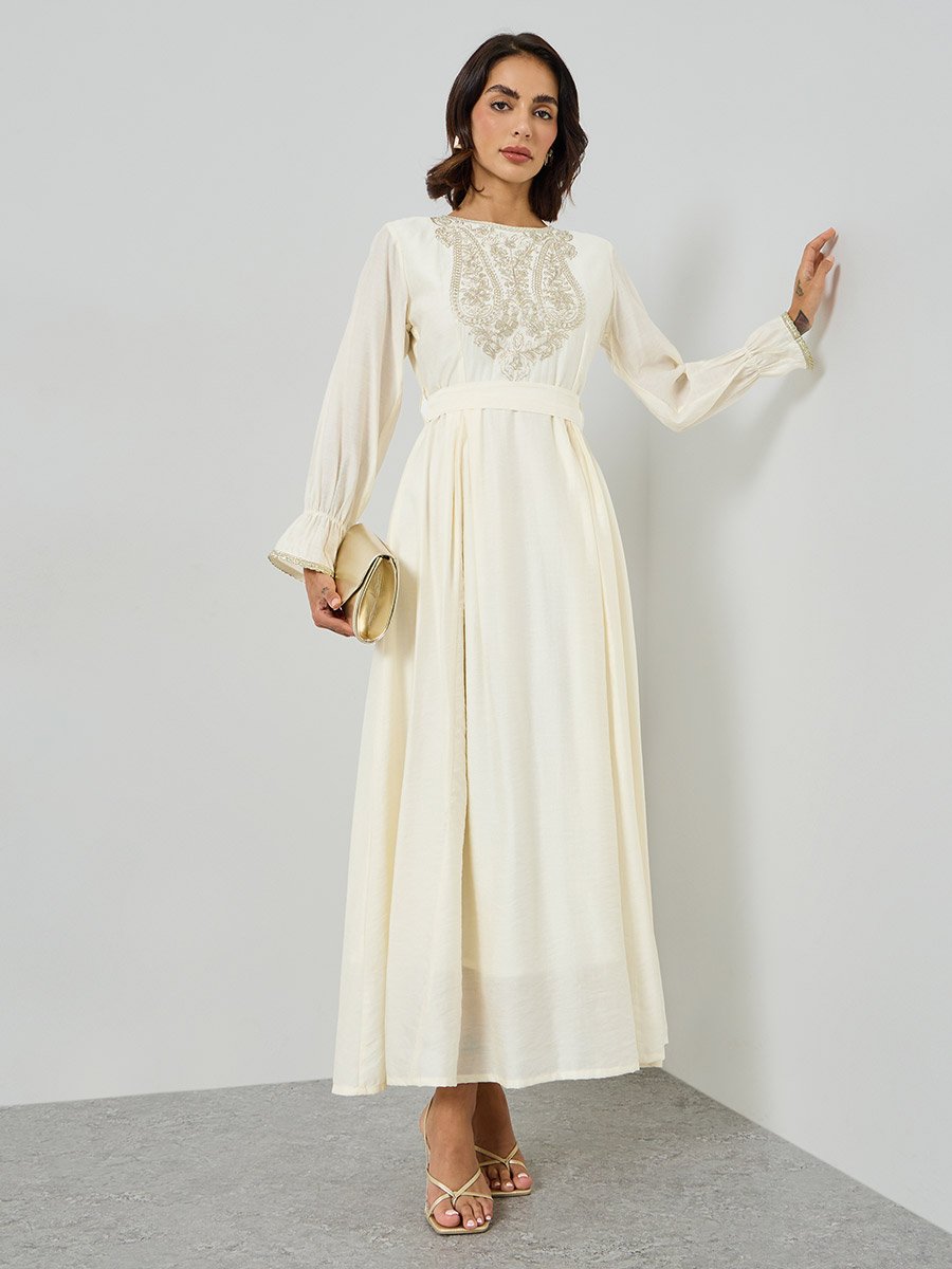 Cream Embellished A-Line Maxi Dress