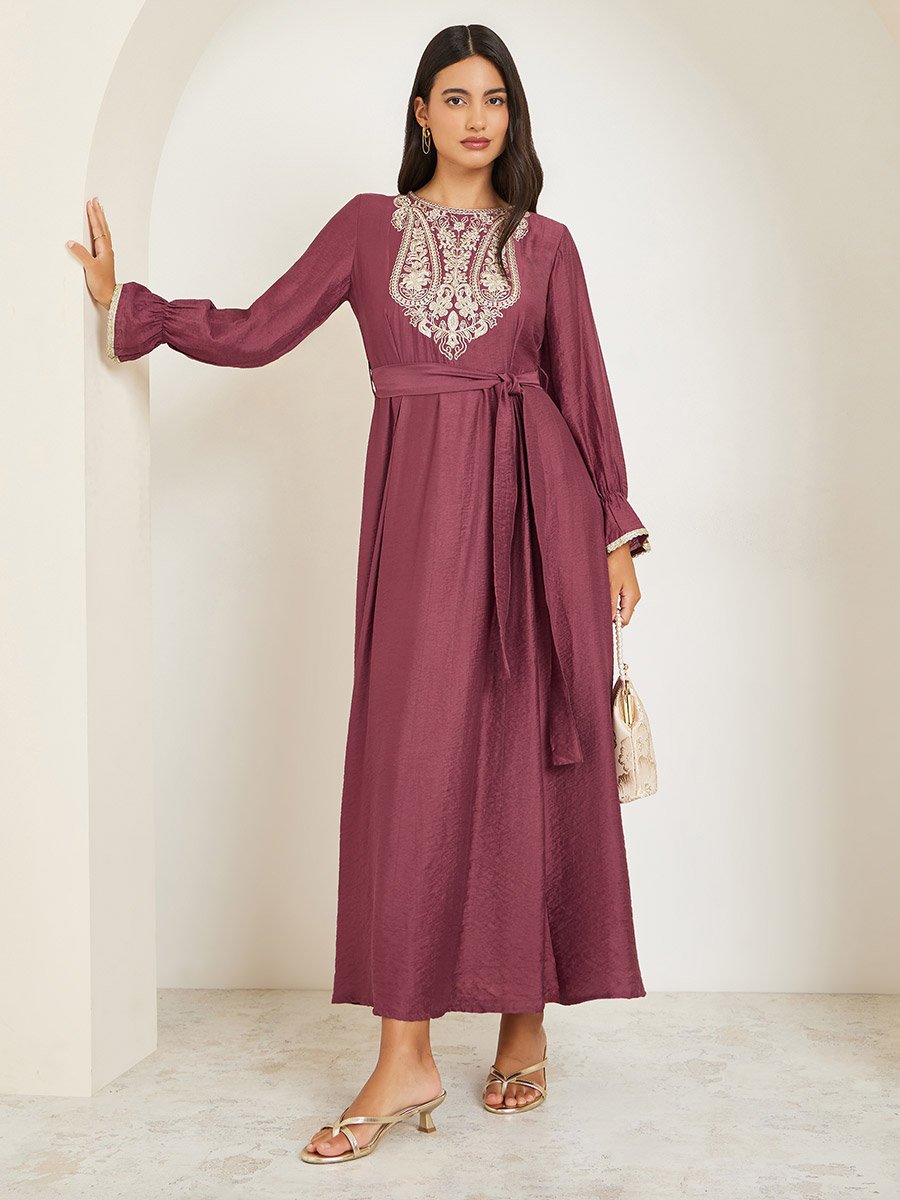 Rust Embellished Embroidered A-Line Maxi Dress For Women at Kuwait | Styli