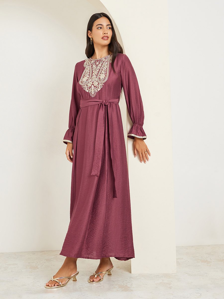 Rust Embellished Embroidered A-Line Maxi Dress For Women at Bahrain | Styli Rust Embellished Embroidered A-Line Maxi Dress For Women at Bahrain | Styli