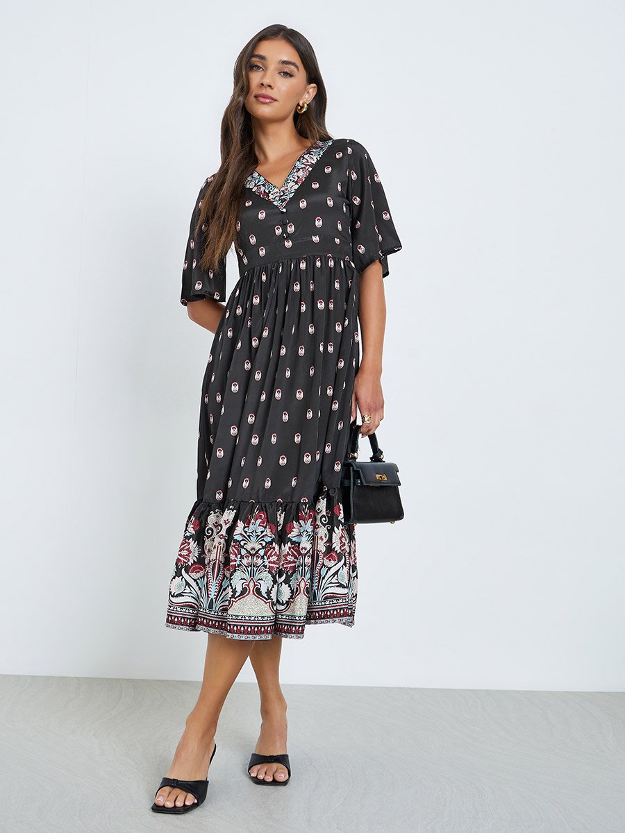 Women Black Floral Print A-Line Midi Dress