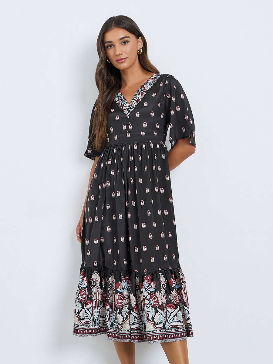 Women Black Floral Print A-Line Midi Dress