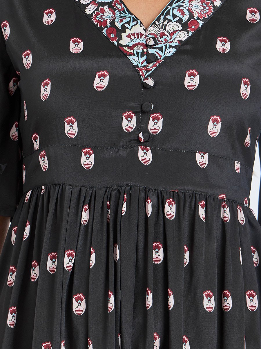 Women Black Floral Print A-Line Midi Dress