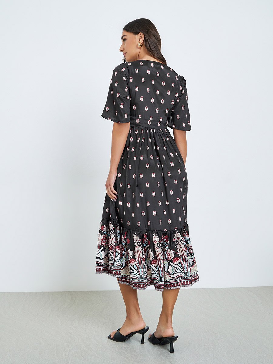 Women Black Floral Print A-Line Midi Dress
