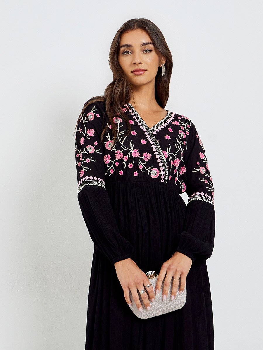 Black Rayon Embroidered V Neck Maxi Dress For Women at Bahrain | Styli