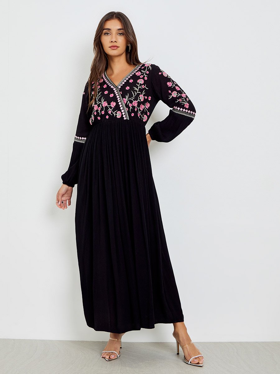 Black Rayon Embroidered V Neck Maxi Dress