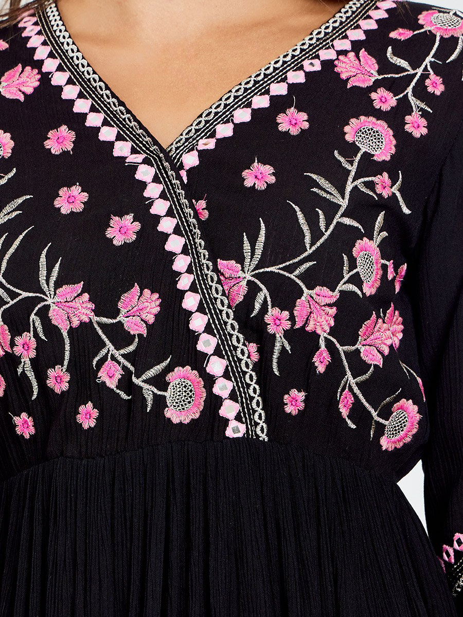 Black Rayon Embroidered V Neck Maxi Dress