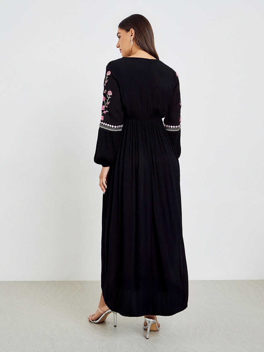 Black Rayon Embroidered V Neck Maxi Dress