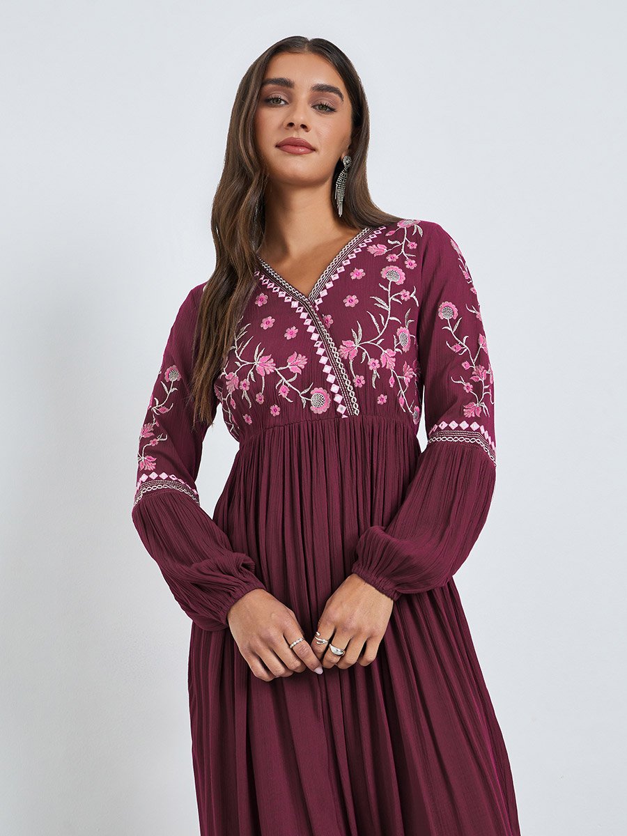 Magenta Rayon Embroidered V Neck Maxi Dress For Women at Bahrain | Styli Magenta Rayon Embroidered V Neck Maxi Dress For Women at Bahrain | Styli