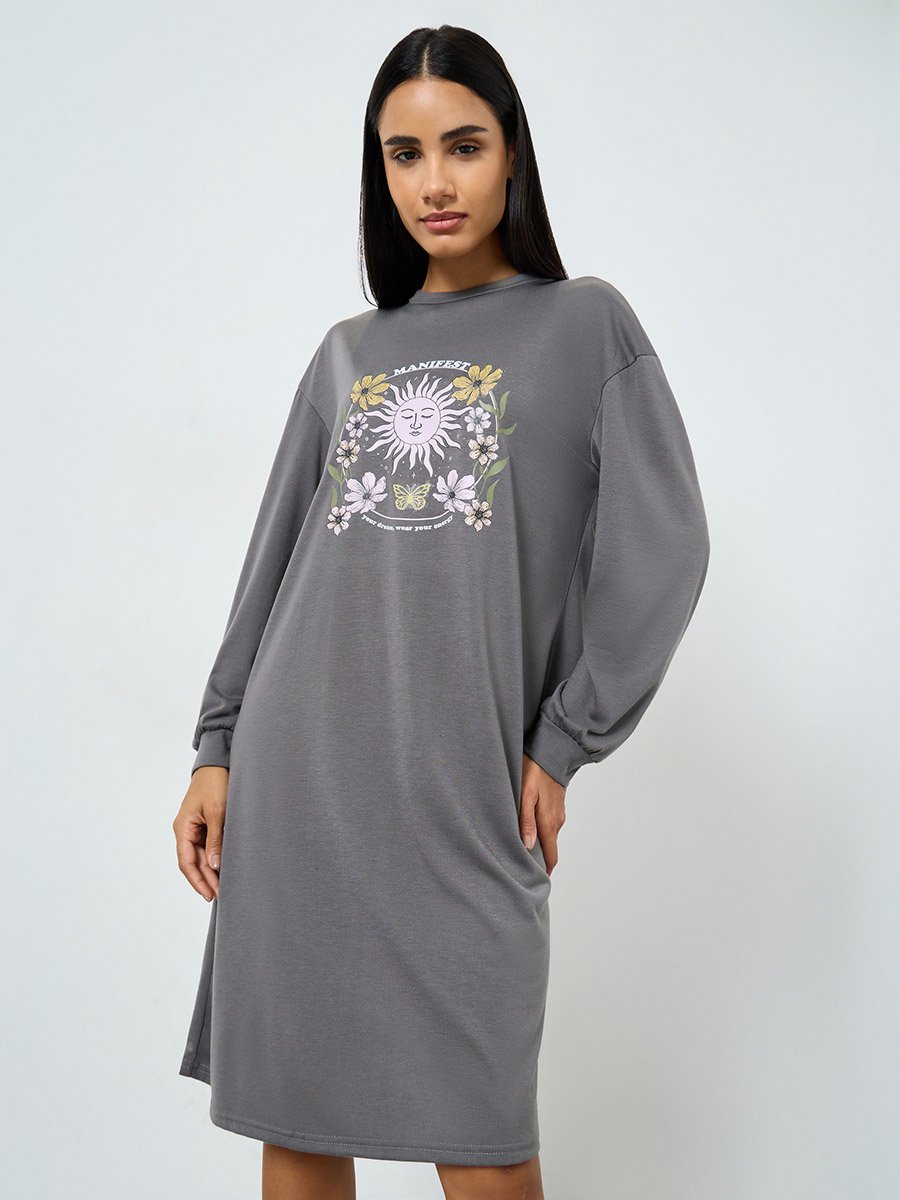 Manifest Text Drop Shoulder Cuff Sleeve Sleep T-Shirt Dress