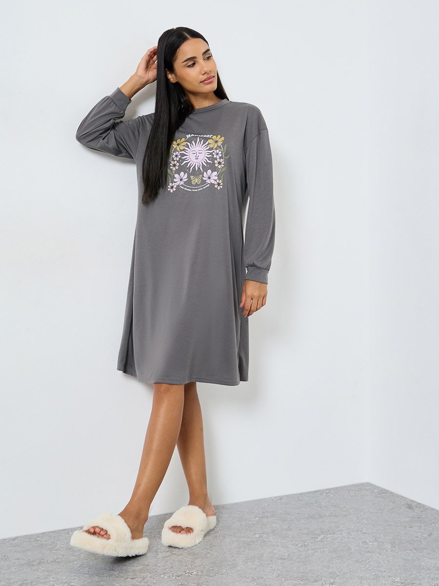 Manifest Text Drop Shoulder Cuff Sleeve Sleep T-Shirt Dress