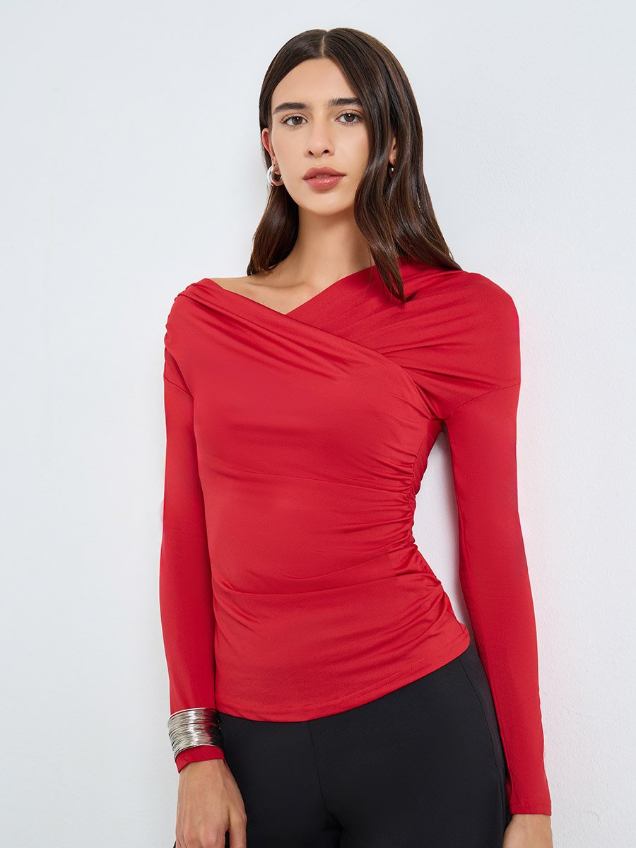Solid Irregular Neck Long Sleeve One-Shoulder Top
