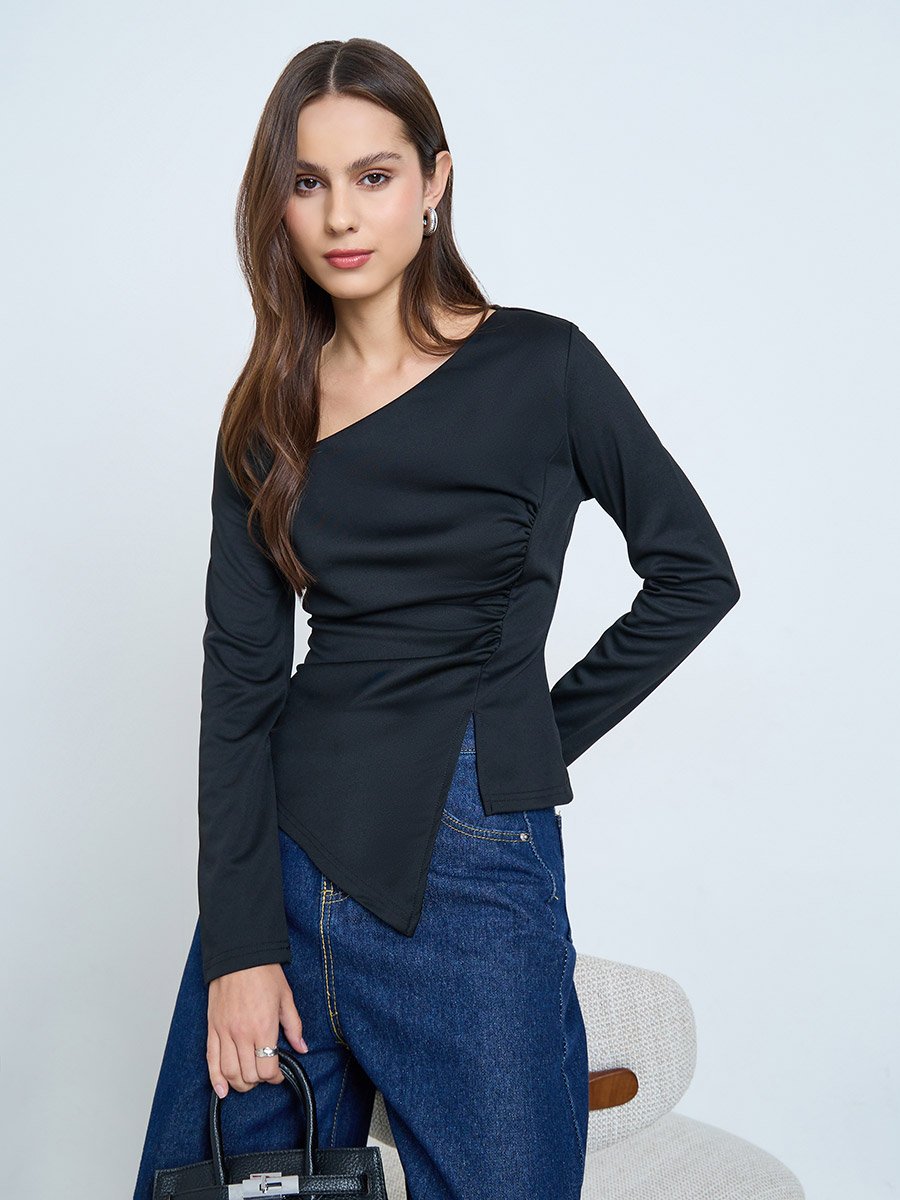 Black Irregular Neck Slit Hem Long Sleeve Top