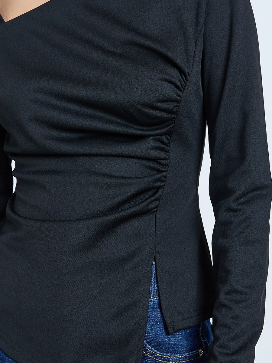 Black Irregular Neck Slit Hem Long Sleeve Top