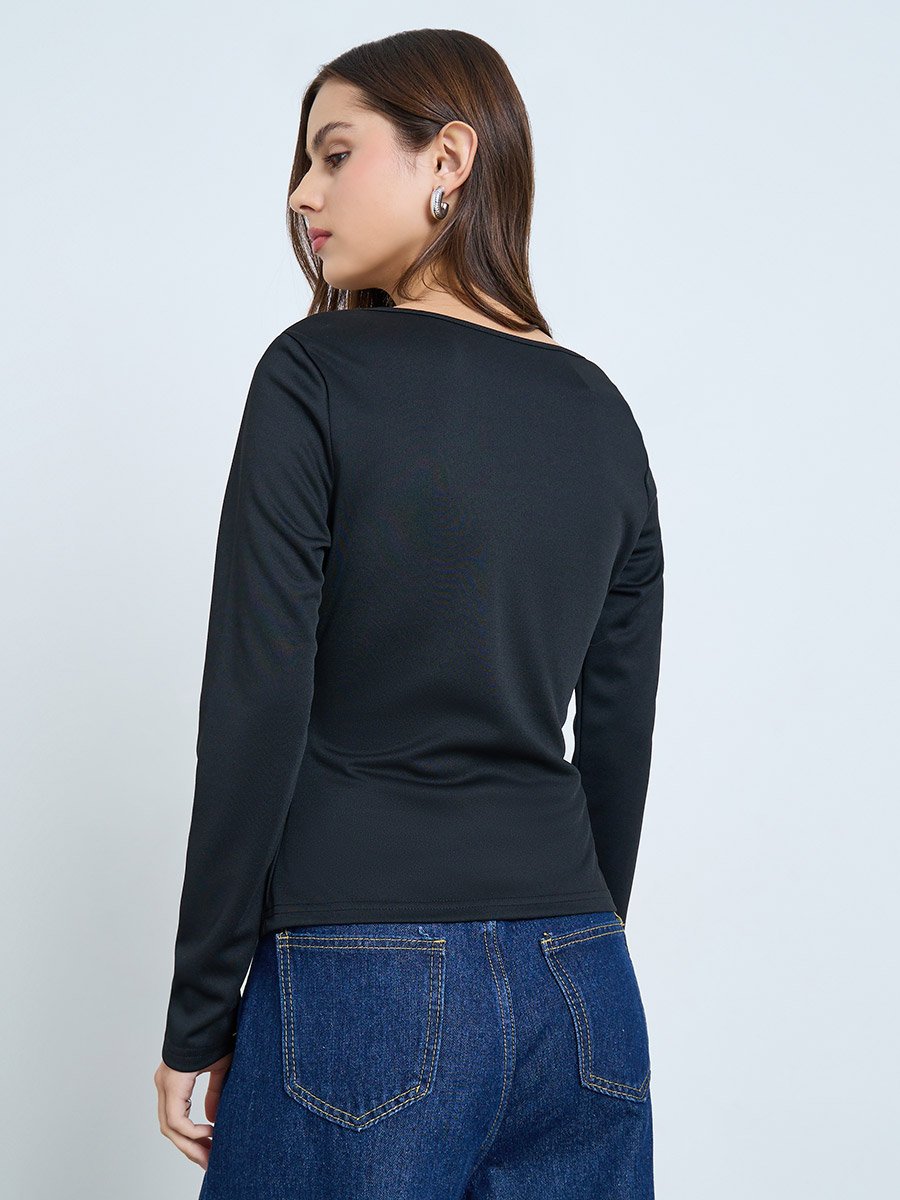 Black Irregular Neck Slit Hem Long Sleeve Top