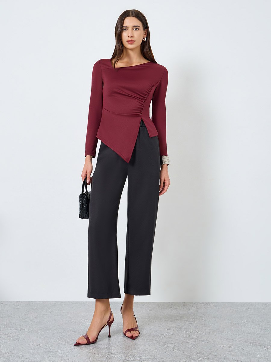 Solid Irregular Neck Slit Hem Long Sleeve Top