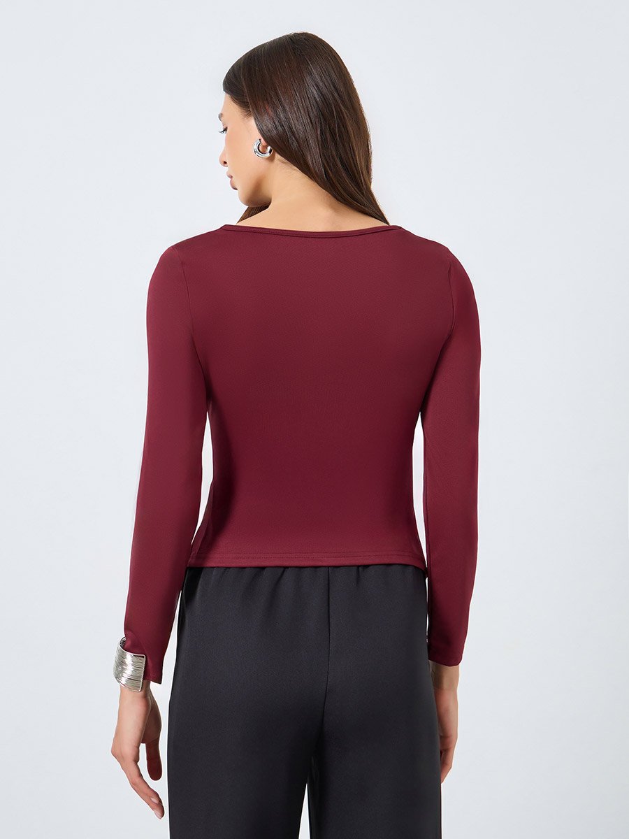 Solid Irregular Neck Slit Hem Long Sleeve Top
