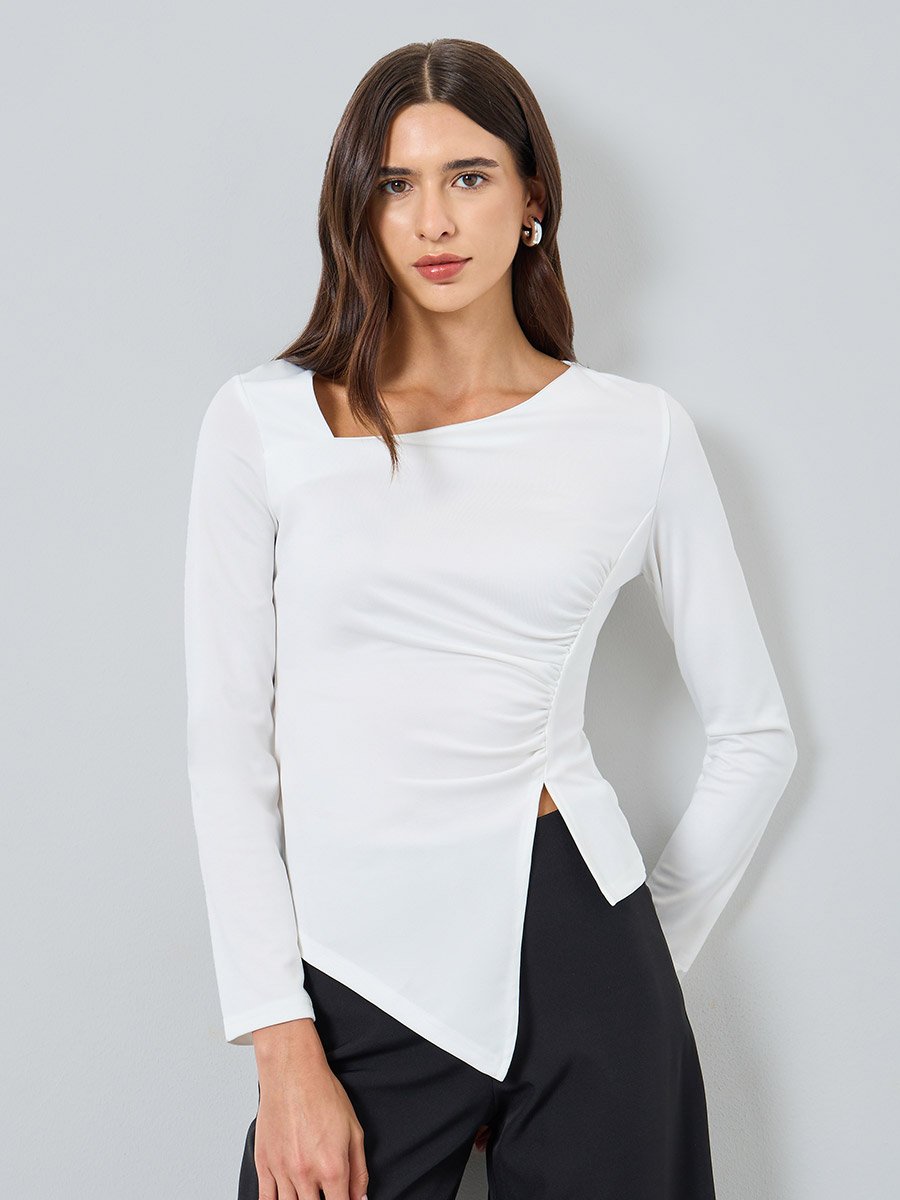  Solid Irregular Neck Slit Hem Long Sleeve Top