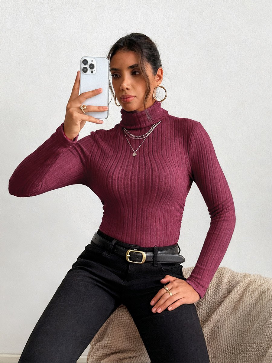 Women Burgundy Ribbed Turtleneck Top