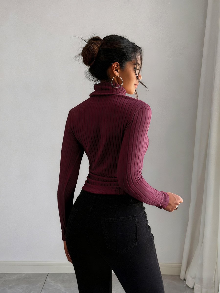 Women Burgundy Ribbed Turtleneck Top