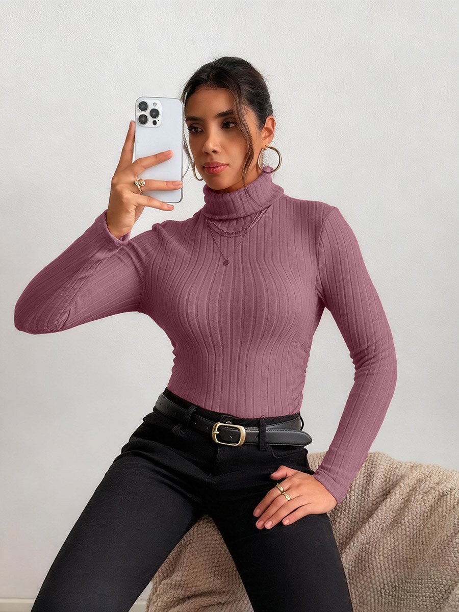 Women Dark Pink Ribbed Turtleneck Top
